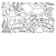 Vector pattern with symbols of Czech Republic. Set with tourism icons and landscapes elements. Travel to country. City, cathedral, building, European architecture. Illustration with landmarks