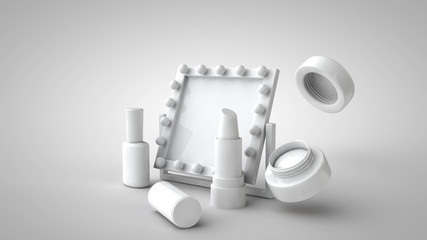 3d illustration. Mirror, lipstick, nail polish and face cream. Monochrome colors background. Makeup Concept
