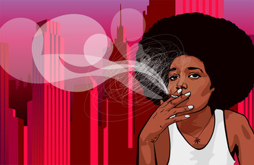 Smoking cannabis girl. Afro hair style. - 342364156
