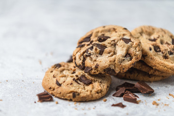 Homemade chocolate chip cookies on the table.