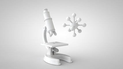 Scientific research. Analysis laboratory research. Monochrome 3d illustration. Microscope and molecule