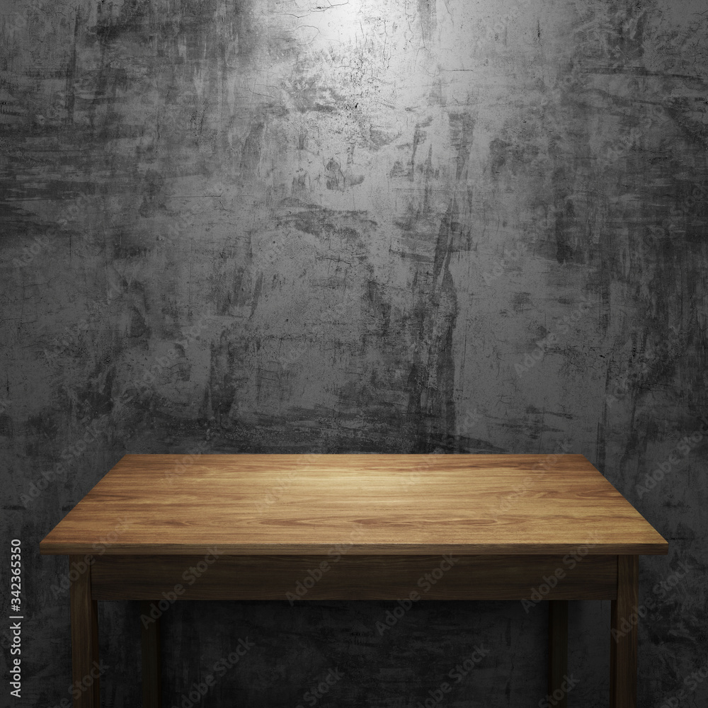 Wall mural wood table on concrete wall with light in dark background.