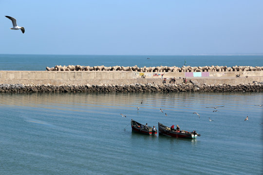 El Jadida, Marroco - 02.28.2019: View of the harbor from the Portuguese fortress.