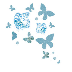 Flock of silhouette butterflies on white