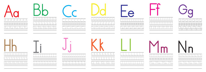 Writing practice of English letters from A to N. Education for children. Vector illustration