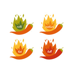 Vector illustration different scale of peppers - mild, medium, hot and hell icons.