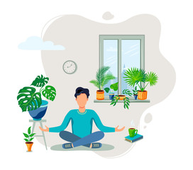 Fototapeta premium Person is sitting in a meditative pose at green home near the window. Home gardening, urban jungle, house plant concept. Balanced and healthy lifestyle. Flat cartoon style design vector illustration.