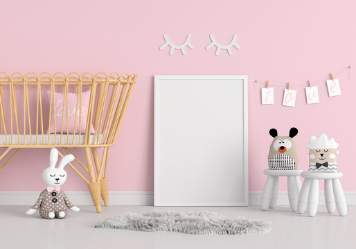 Blank photo frame for mockup in child room, 3D rendering