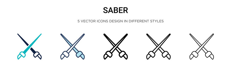 Saber icon in filled, thin line, outline and stroke style. Vector illustration of two colored and black saber vector icons designs can be used for mobile, ui, web