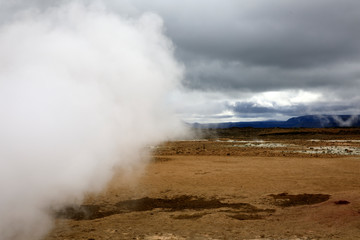 Hverir / Iceland - August 30, 2017: Hverir geothermal and sulfur area near Namafjall mountain, Myvatn Lake area, Iceland, Europe