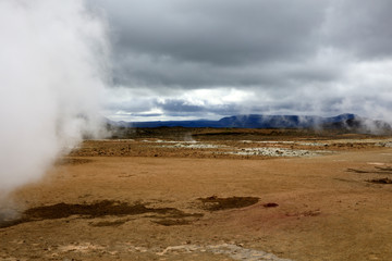 Hverir / Iceland - August 30, 2017: Hverir geothermal and sulfur area near Namafjall mountain, Myvatn Lake area, Iceland, Europe
