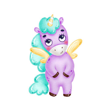 Cute cartoon purple unicorn with a green mane and yellow wings is standing on a white background © Bonbonny