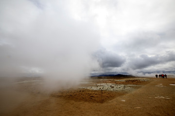 Hverir / Iceland - August 30, 2017: Hverir geothermal and sulfur area near Namafjall mountain, Myvatn Lake area, Iceland, Europe