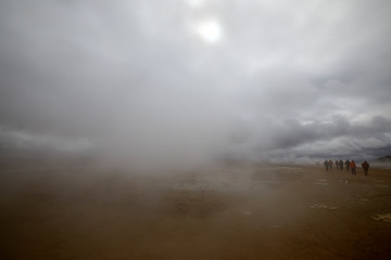 Hverir / Iceland - August 30, 2017: Hverir geothermal and sulfur area near Namafjall mountain, Myvatn Lake area, Iceland, Europe