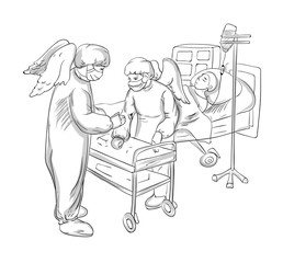 Two doctors with angel wings talking about how to cure the patient. Corona Virus. Line art. Vector