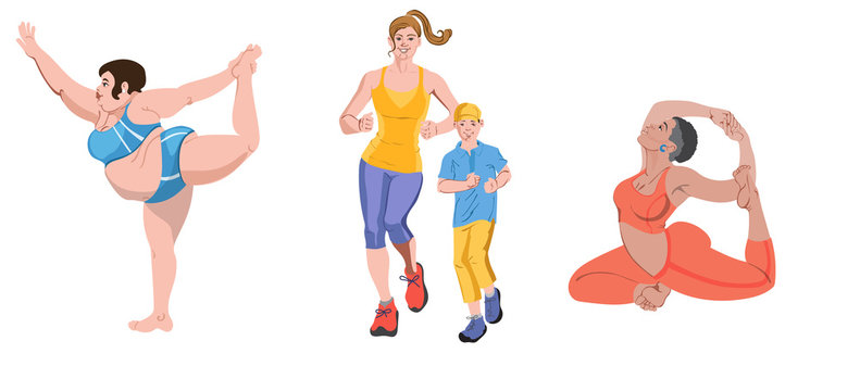 Set of people doing exercises. Fat woman making ballet poses in shorts, mom and little boy jogging, afro girl practicing yoga