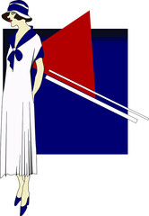 female figure in retro style. Vector. with a background of geometric shapes