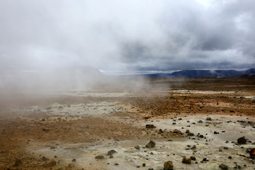 Hverir / Iceland - August 30, 2017: Hverir geothermal and sulfur area near Namafjall mountain, Myvatn Lake area, Iceland, Europe