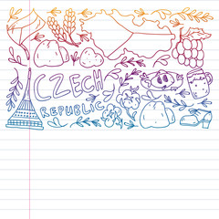 Vector pattern with symbols of Czech Republic. Set with tourism icons and landscapes elements. Travel to country. City, cathedral, building, European architecture. Illustration with landmarks