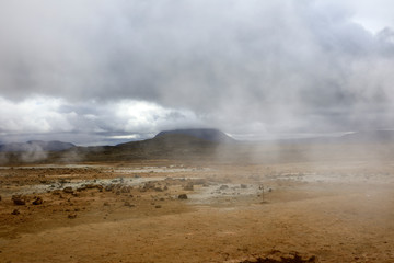 Hverir / Iceland - August 30, 2017: Hverir geothermal and sulfur area near Namafjall mountain, Myvatn Lake area, Iceland, Europe