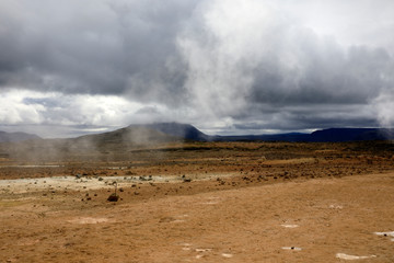 Hverir / Iceland - August 30, 2017: Hverir geothermal and sulfur area near Namafjall mountain, Myvatn Lake area, Iceland, Europe