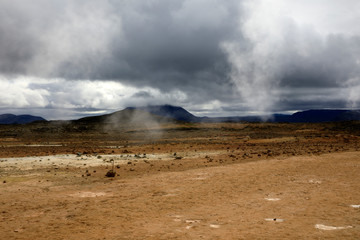 Hverir / Iceland - August 30, 2017: Hverir geothermal and sulfur area near Namafjall mountain, Myvatn Lake area, Iceland, Europe