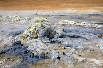 Hverir / Iceland - August 30, 2017: Hverir geothermal and sulfur area near Namafjall mountain, Myvatn Lake area, Iceland, Europe