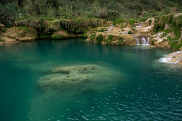 Poza de agua color turquesa con formaciones de piedra caliza debajo del agua rodeado de caídas de agua en la roca cubierta de helechos 