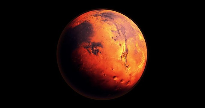 Mars red planet animation isolated on black background. 4K animation of the Red Planet. 3D rendering.