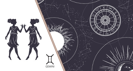Zodiac background. Constellation Gemini. Horizontal banner. Vector illustration