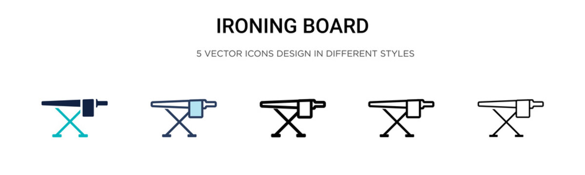 Ironing board icon in filled, thin line, outline and stroke style. Vector illustration of two colored and black ironing board vector icons designs can be used for mobile, ui, web