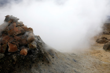 Hverir / Iceland - August 30, 2017: Hverir fumarole area near Namafjall mountain, Myvatn Lake area, Iceland, Europe