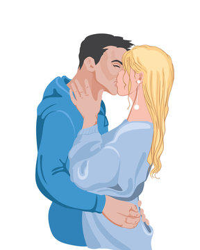 Happy young couple with colorful blue clothes preparing to kiss