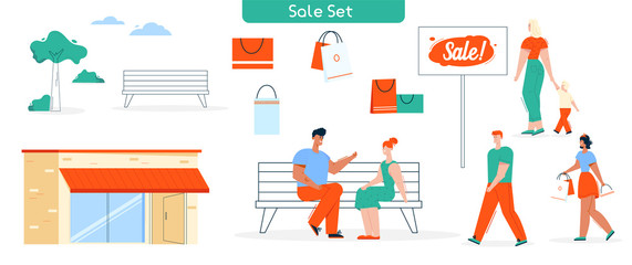 Vector sale shop and buyers shopping isolated set