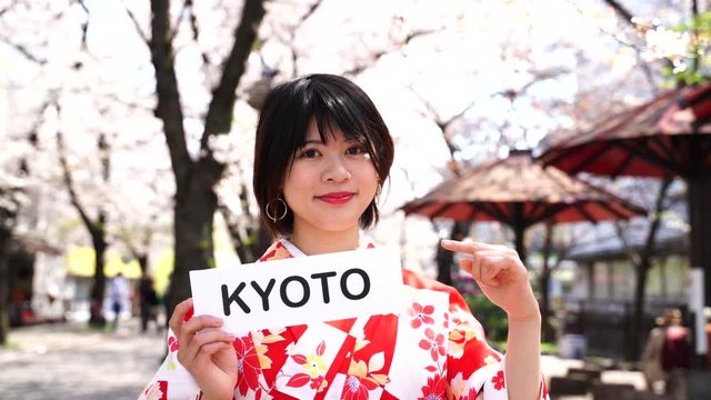 京都　満開の桜　祇園　着物の女性　KYOTO プレート　海外向け紹介イメージ
