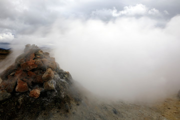 Hverir / Iceland - August 30, 2017: Hverir fumarole area near Namafjall mountain, Myvatn Lake area, Iceland, Europe