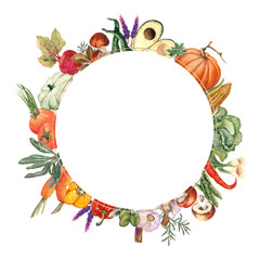 Watercolor vegetable frame. Vegetable border. Hand Drawn Watercolor Illustration.