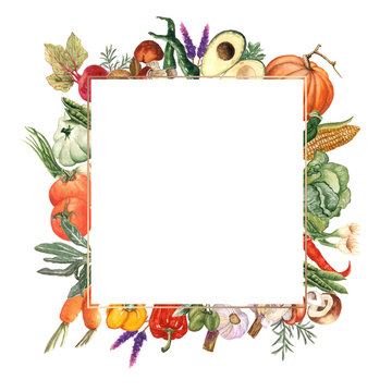 Watercolor vegetable frame. Vegetable border. Hand Drawn Watercolor Illustration.