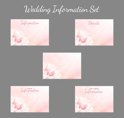 Wedding Information card set, pink tulips, vertical. Greeting, invite card, elegant clear design template, light blue blur background.