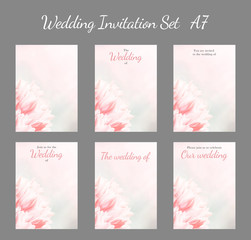 Wedding invitation set, pink tulips, vertical, optional sizes. Greeting or invite card, elegant clear design template, light blur background.