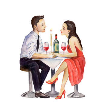 Loving couple watercolor illustration, Couple of lovers in a restaurant