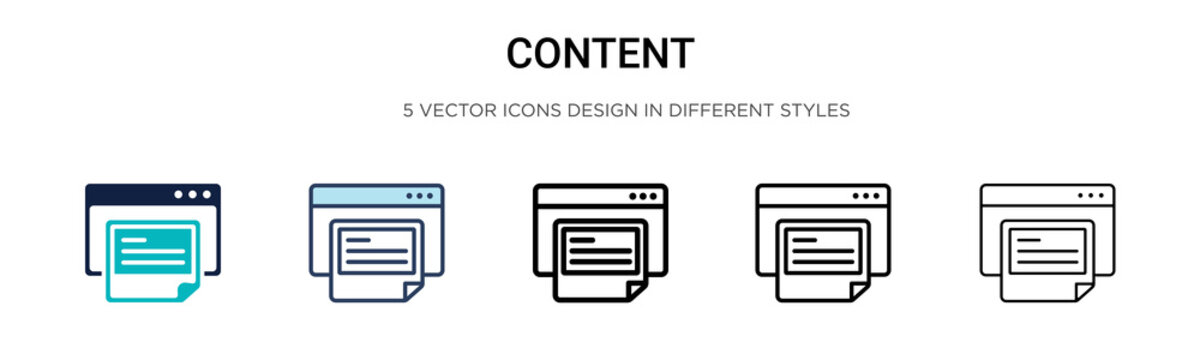 Content icon in filled, thin line, outline and stroke style. Vector illustration of two colored and black content vector icons designs can be used for mobile, ui, web