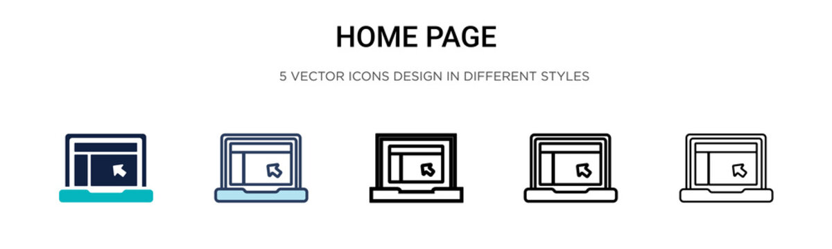 Home page icon in filled, thin line, outline and stroke style. Vector illustration of two colored and black home page vector icons designs can be used for mobile, ui, web