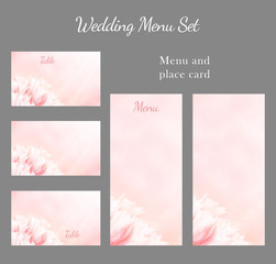 Wedding Menu, place card set, pink tulips, vertical. Greeting, invite card, elegant clear design template, light blue blur background.