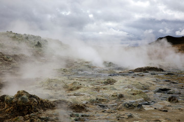 Hverir / Iceland - August 30, 2017: Hverir geothermal and sulfur area near Namafjall mountain, Myvatn Lake area, Iceland, Europe