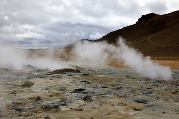 Hverir / Iceland - August 30, 2017: Hverir geothermal and sulfur area near Namafjall mountain, Myvatn Lake area, Iceland, Europe