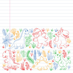 Pattern kids fabric, textile, nursery wallpaper. Vector illustration. Hand drawn dinosaurs, dino for little children.
