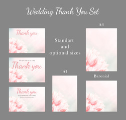 Wedding Thank You card set, pink tulips, vertical. Greeting, invite card, elegant clear design template, light blue blur background.