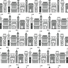 Obraz premium vector coloring of fairytale castles, houses and towers for children and adults with small details on a seamless white background, for use in design, scrapbooking, textile, wallpaper, wrapping paper