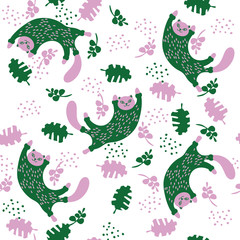 vector pink cat in green clothes and decorative style for children, leaves on a white seamless background for use in design, textiles, wrapping paper, wallpaper, fashion